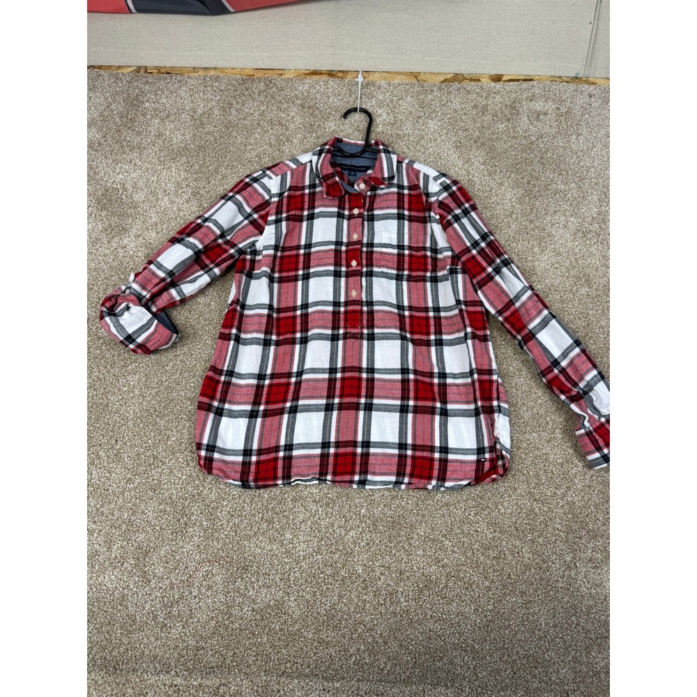 Tommy Hilfiger Womens Red White Black Plaid Long Sleeve Tunic Top M Fall Preppy